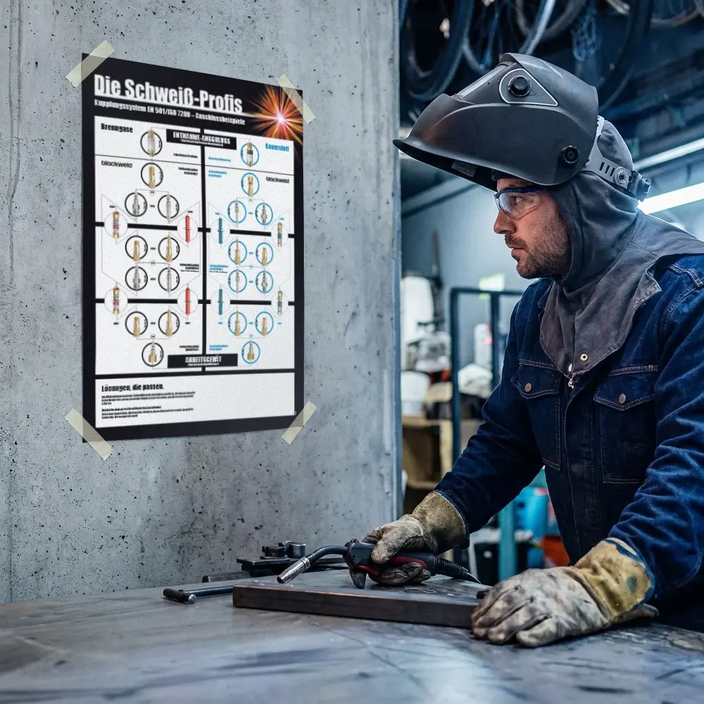 Schweißer mit hochgeklapptem Helm an einem Werkstattarbeitsplatz, an der Wand ein Plakat der SCHWEISS-PROFIS